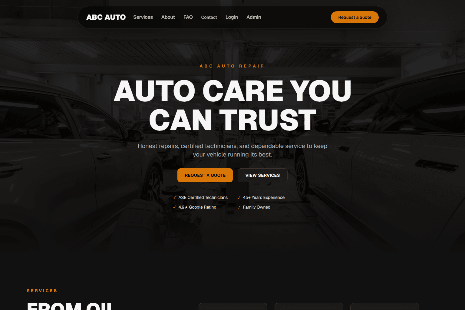 ABC Auto Repair website with a repair-shop hero and orange call-to-action