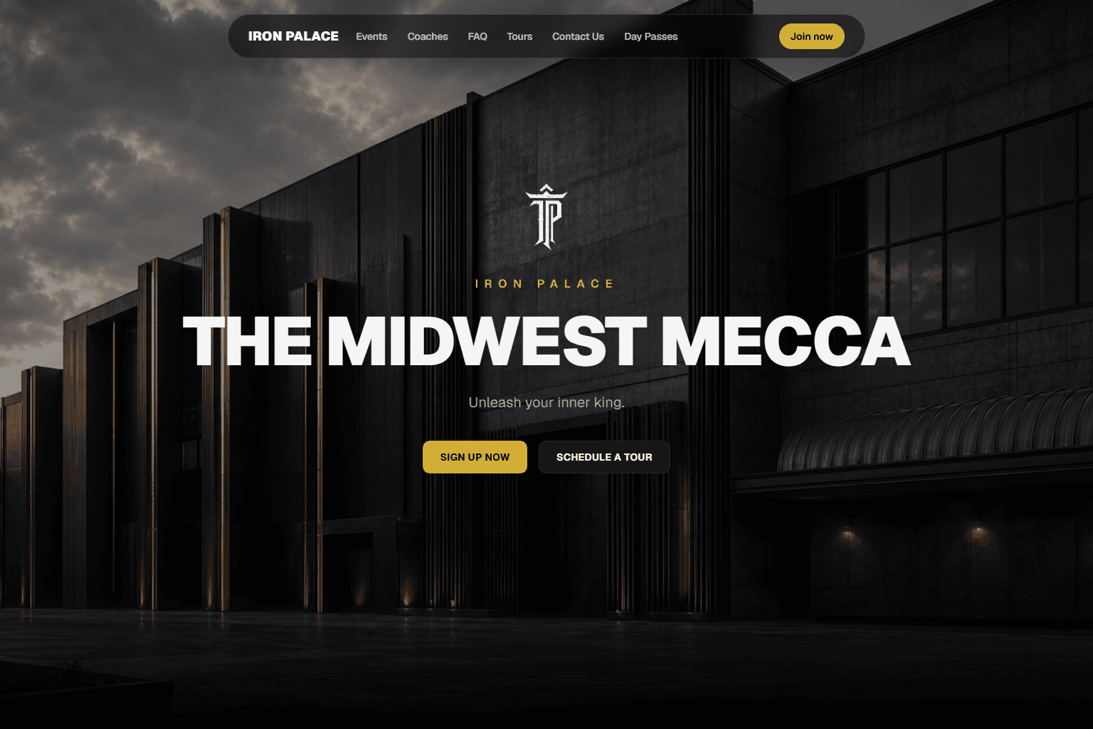 Iron Palace gym website with a dark architectural hero and bold headline