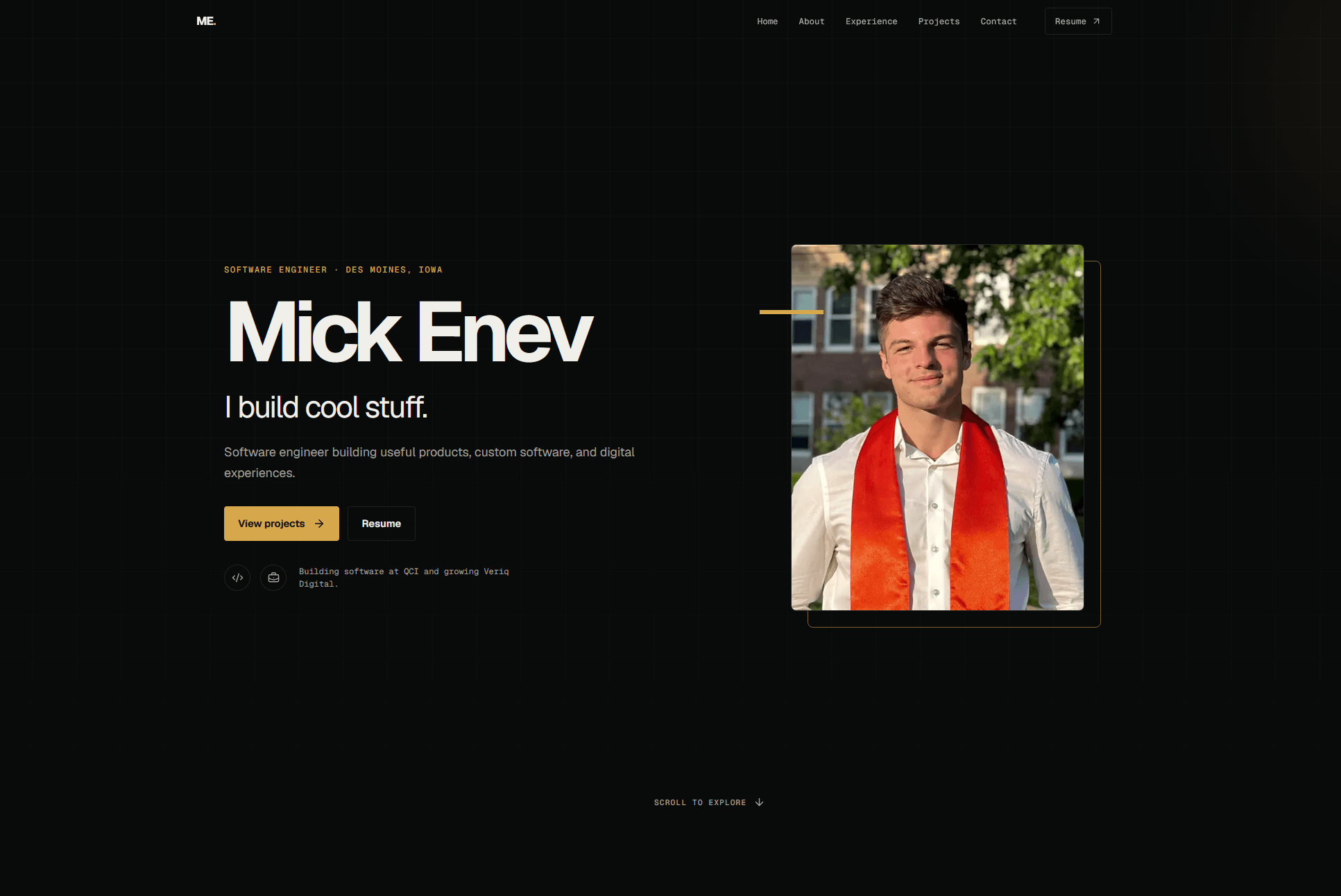 Mick Enev portfolio website with a dark hero and a grid of project cards