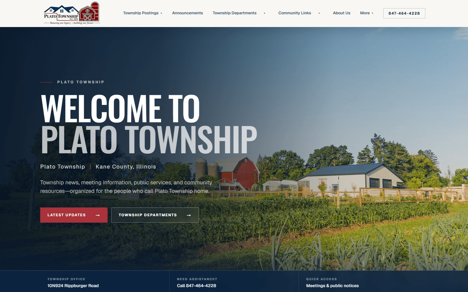Plato Township municipal website homepage with township navigation, a welcome message, and community information